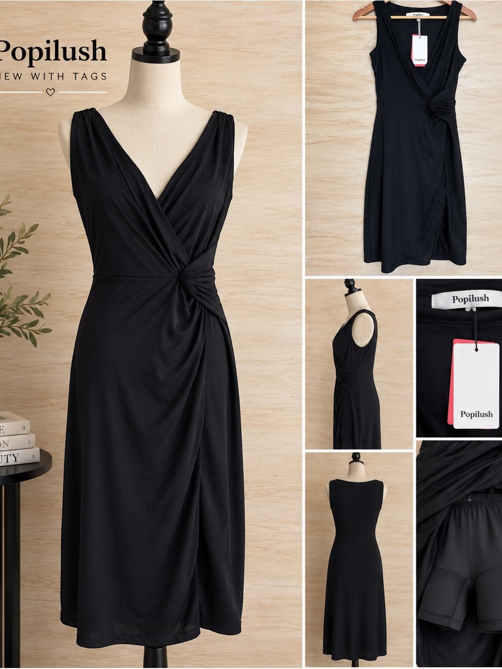 Popilush Black Built-In Shapewear V-Neck Dress NWT XS